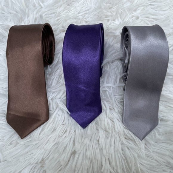 3 Ties Men Tie Slim Fit Fashion Neck Tie Brown Blue Gray Lot of 3 Ties - Picture 9 of 10